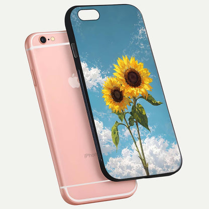 Sunflower Sky Bloom Glass Case for iPhone 6 Plus floating dual-view mockup displaying gloss shine and vibrant texture