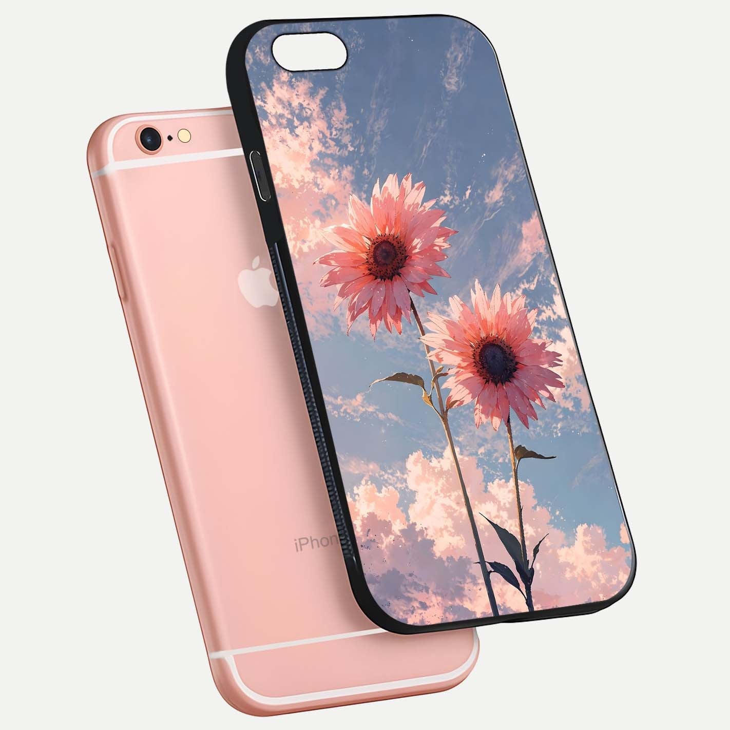 Sunlit Daisy Glow Glass Case for iPhone 6 Plus floating dual-view mockup displaying gloss finish and HD print