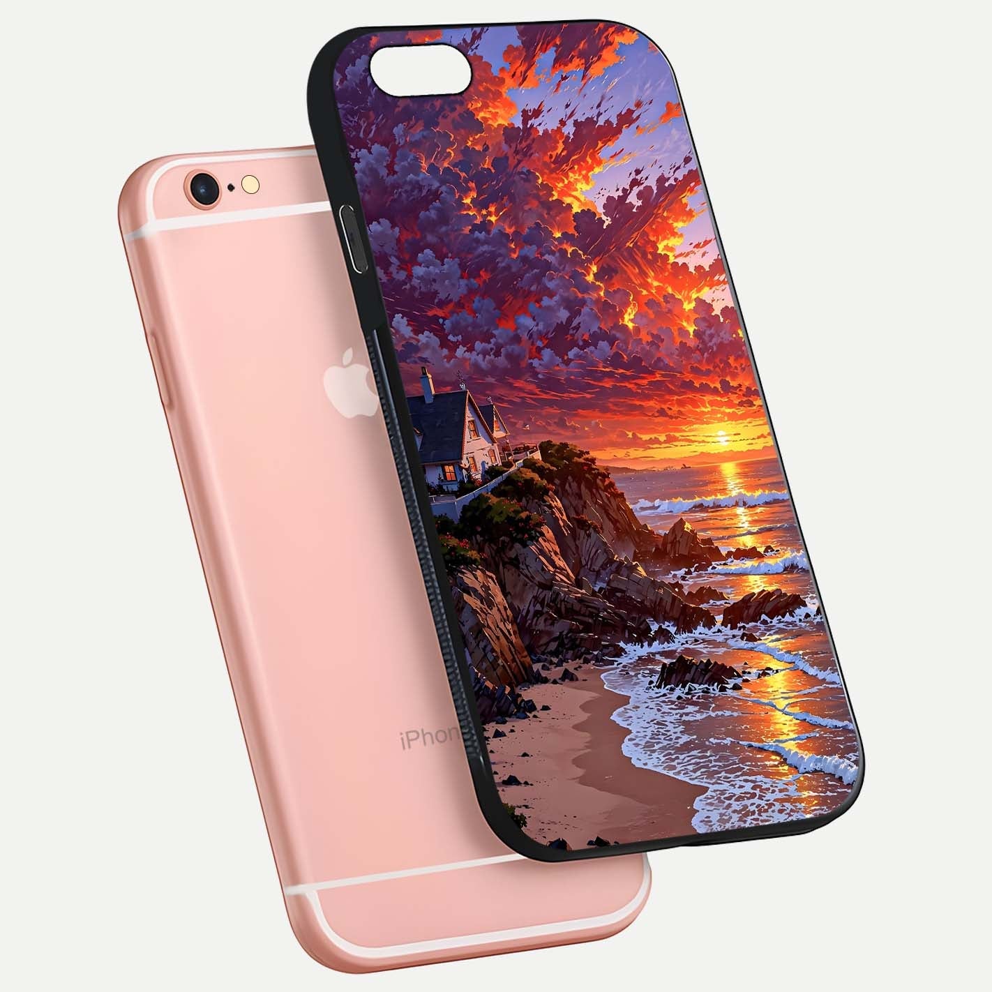 Sunset House by Sea Glass Case for iPhone 6 Plus floating dual-view mockup displaying gloss shine and depth