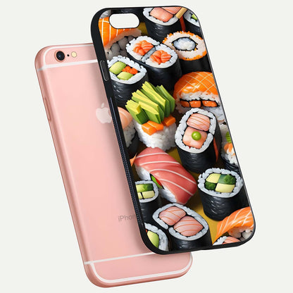 Sushi Food Pattern Glass Case for iPhone 6 Plus floating dual-view mockup displaying gloss and HD pattern