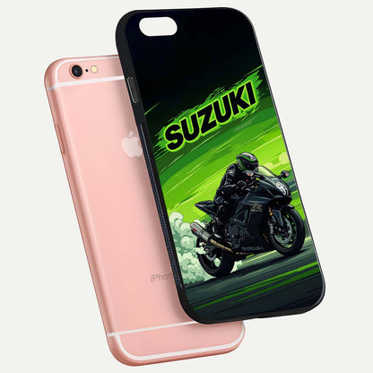Suzuki Speed Beast Glass Case for iPhone 6 Plus floating dual-view mockup displaying gloss texture and shine