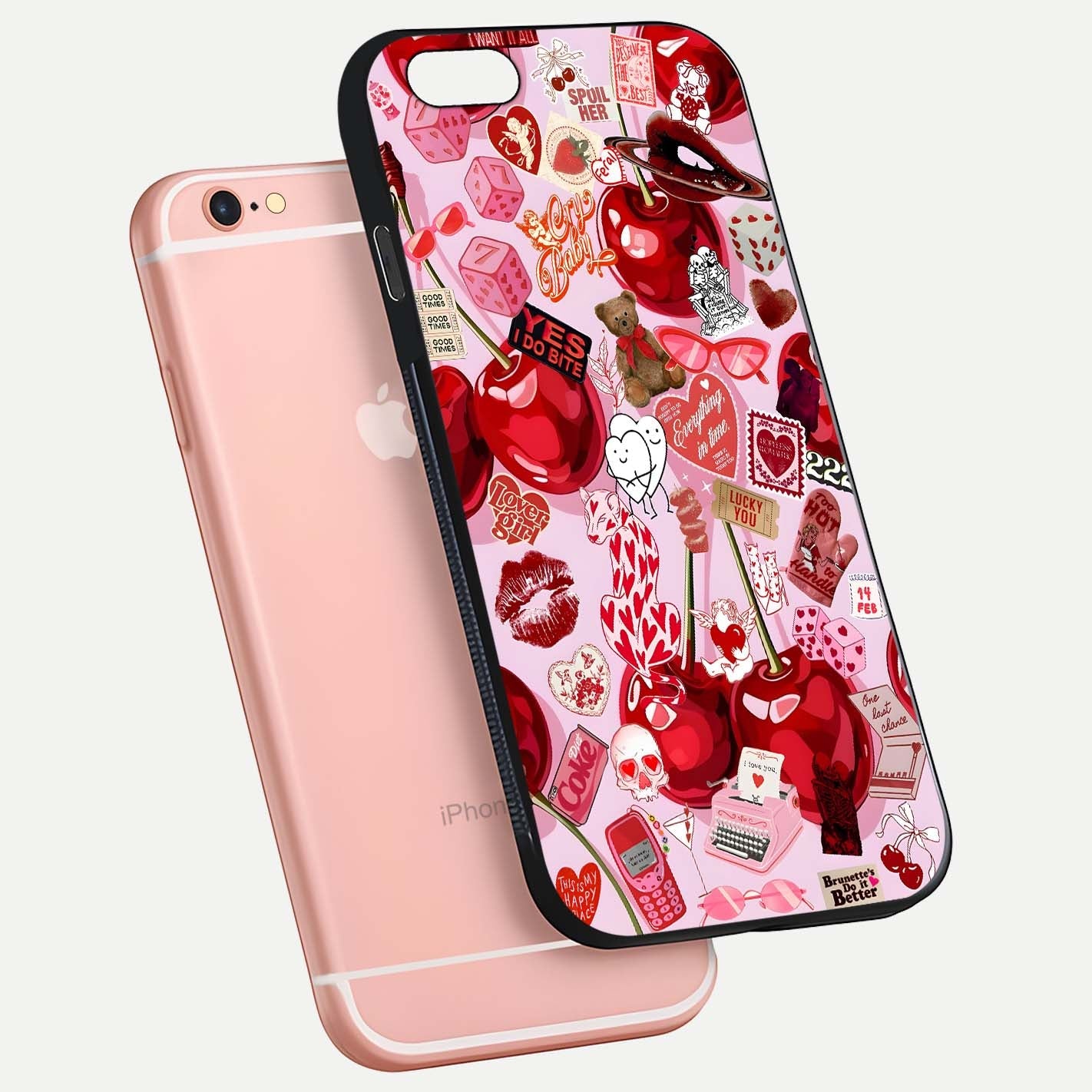 Sweet Cherry Chaos Glass Case for iPhone 6 Plus floating dual-view mockup displaying gloss surface and depth