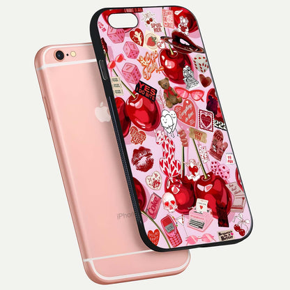 Sweet Cherry Chaos Glass Case for iPhone 6 Plus floating dual-view mockup displaying gloss surface and depth