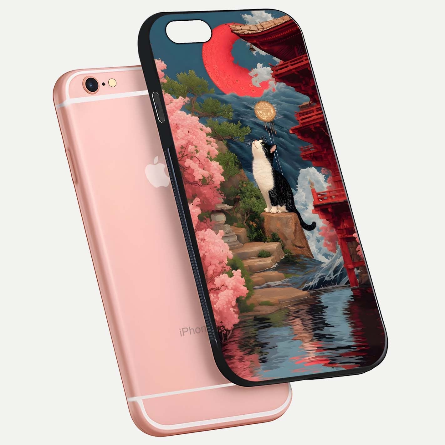 Temple Cat Scenery Glass Case for iPhone 6 Plus floating dual-view mockup displaying gloss and depth detail