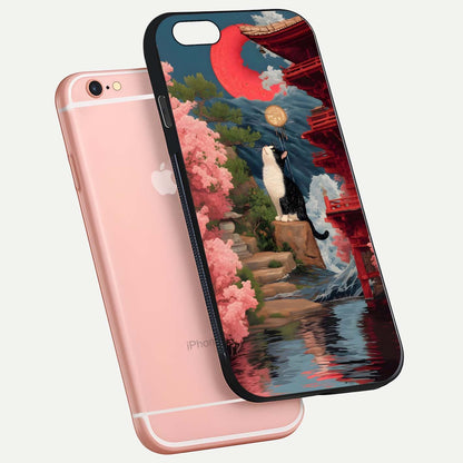 Temple Cat Scenery Glass Case for iPhone 6 Plus floating dual-view mockup displaying gloss and depth detail