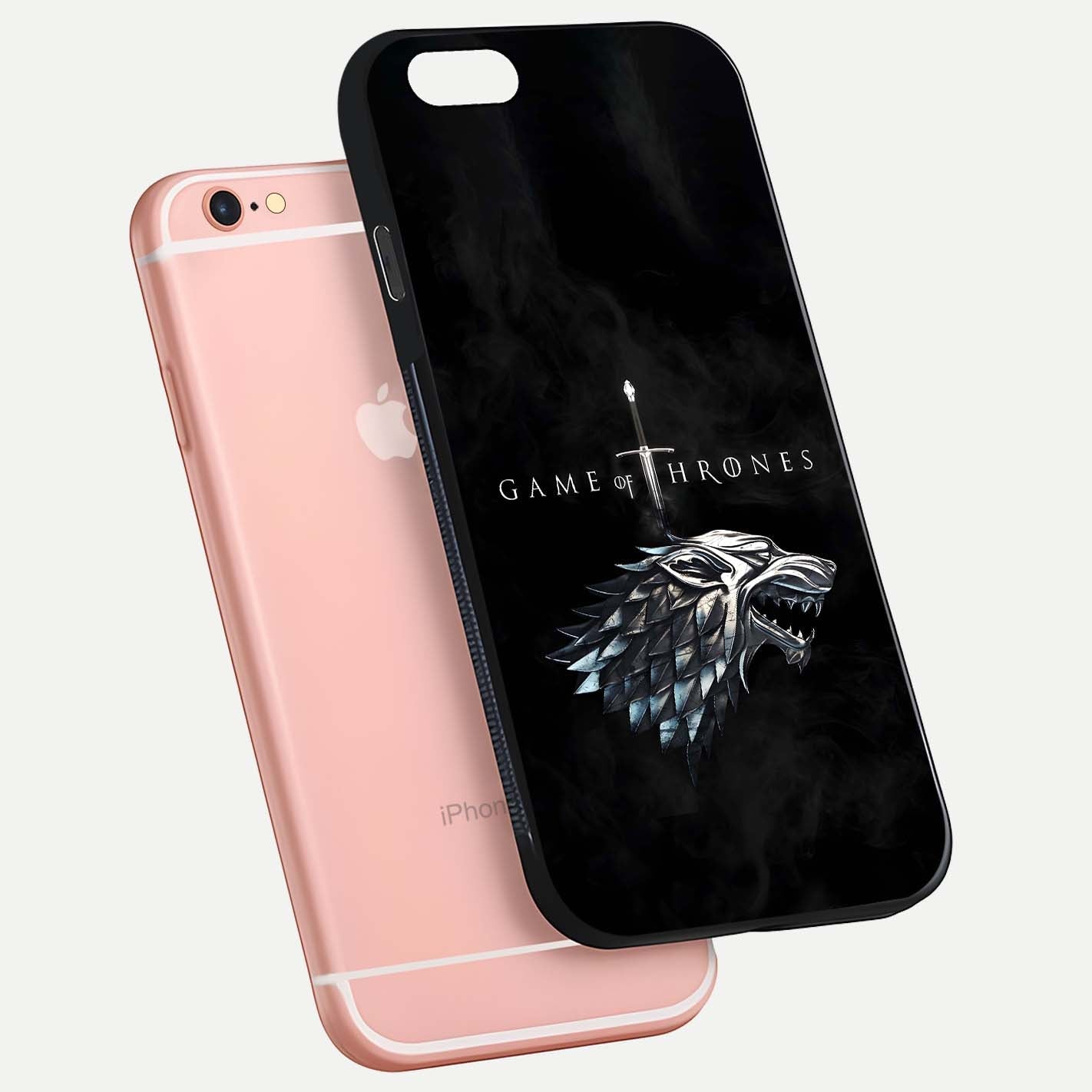 Throne Wolf Legacy Glass Case for iPhone 6 Plus floating dual-view mockup displaying gloss depth and wolf artwork