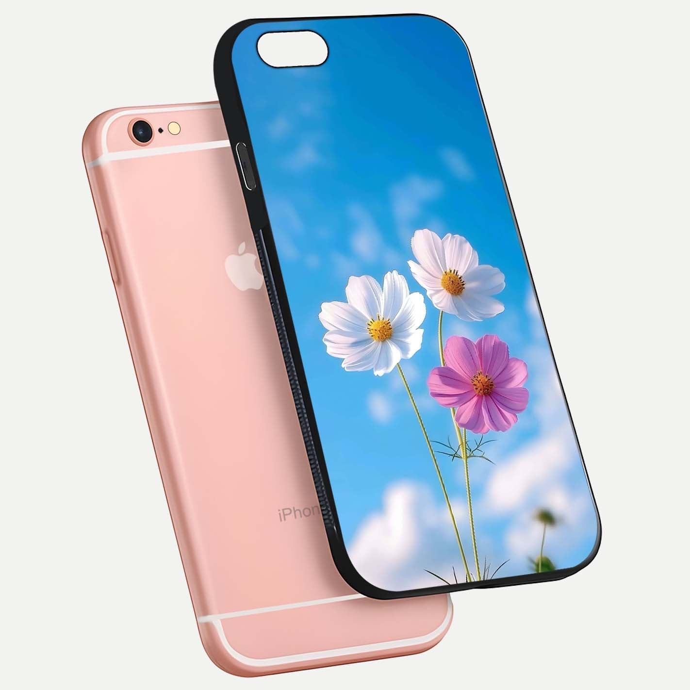 Triple Flowers With Sky Glass Case for iPhone 6 Plus floating dual-view mockup displaying gloss and soft hues