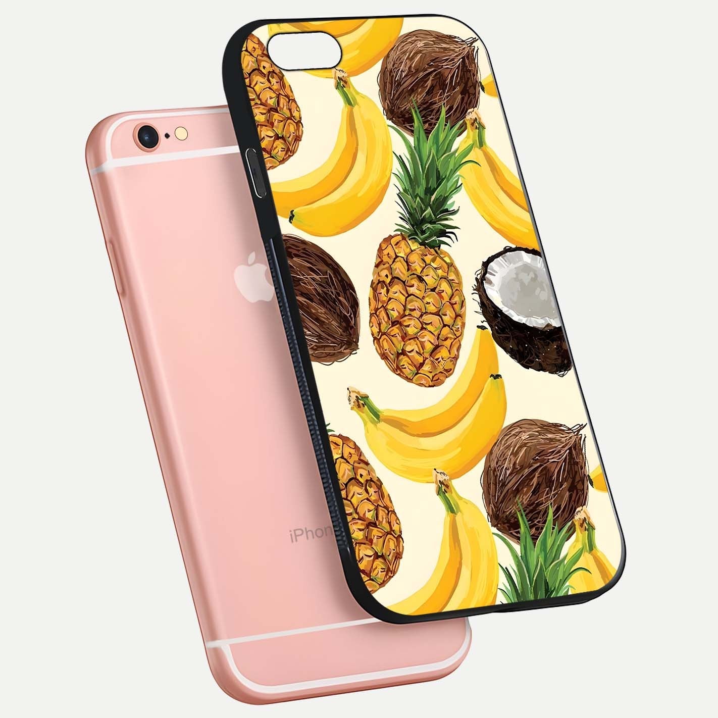 Tropical Fruit Mood Glass Case for iPhone 6 Plus floating dual-view mockup displaying gloss and vibrant colors