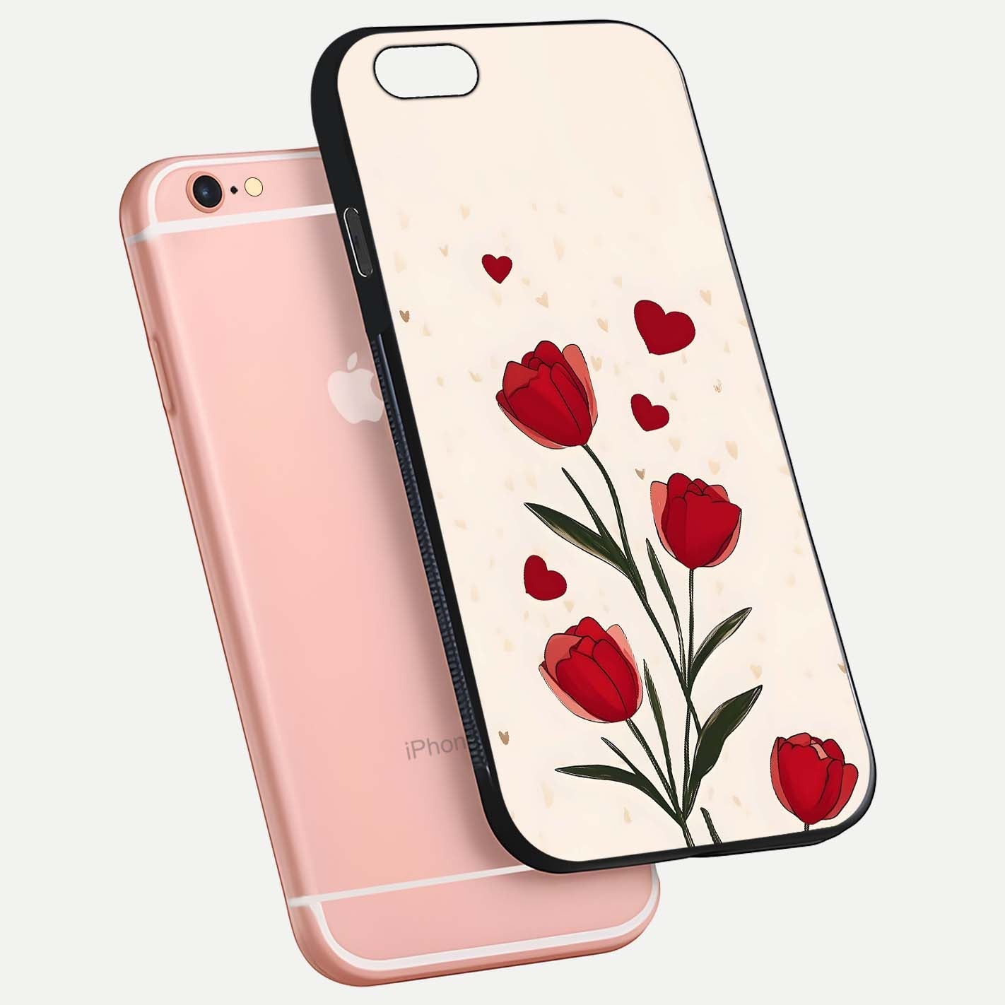 Tulip With Heart Glass Case for iPhone 6 Plus floating dual-view mockup displaying gloss texture and shine