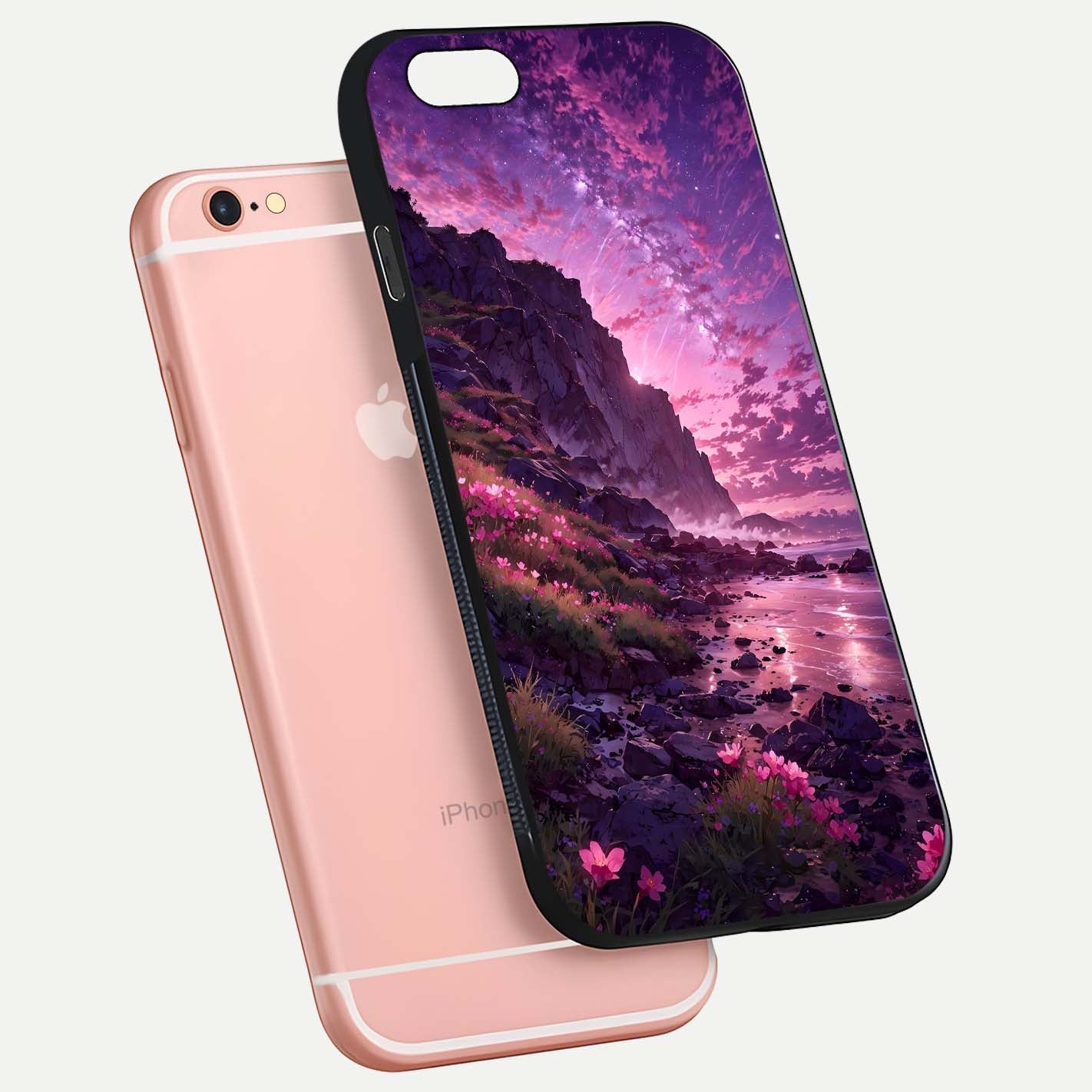 Twilight Blossom Coast Glass Case for iPhone 6 Plus floating dual-view mockup displaying gloss surface and detail