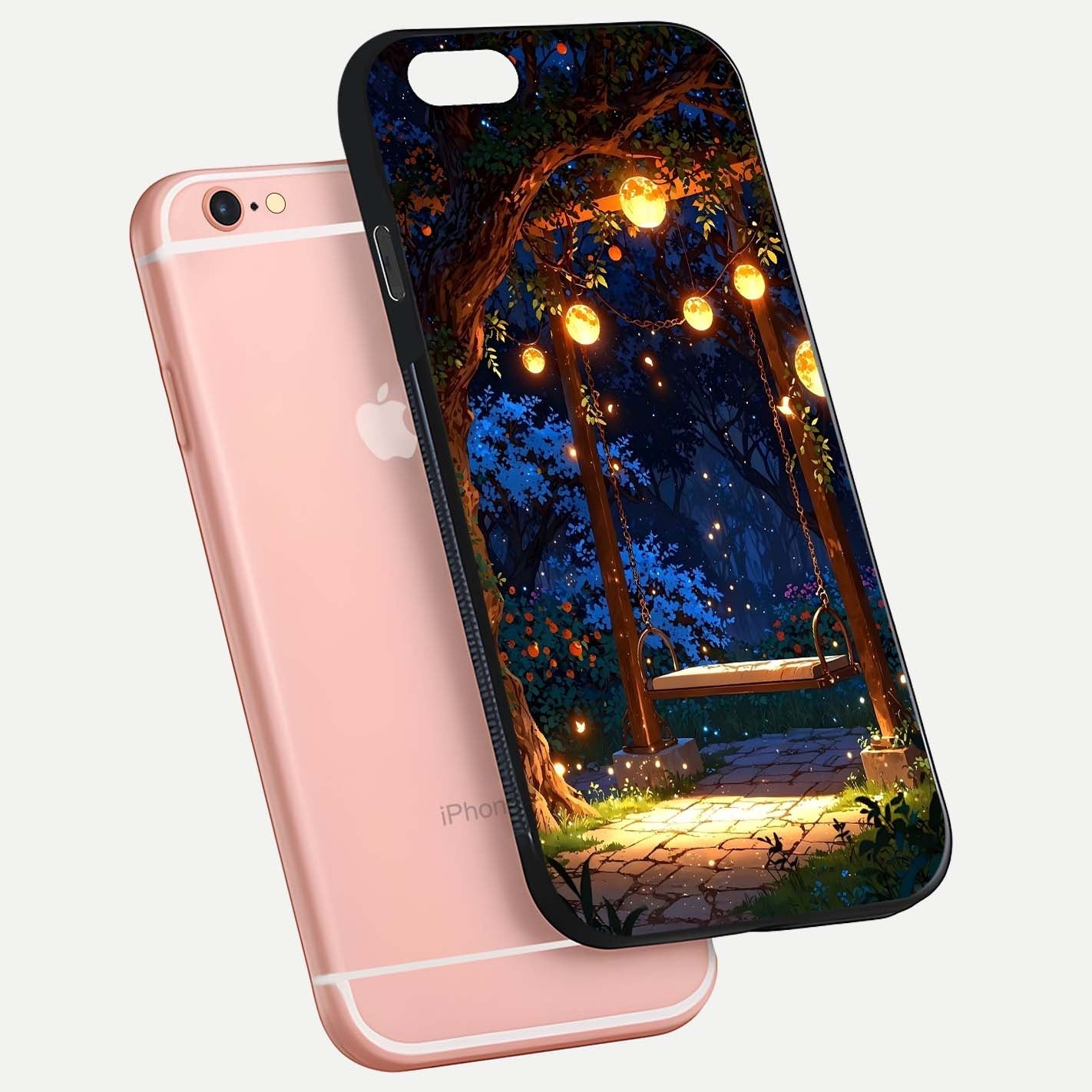 Twilight Garden Swing Glass Case for iPhone 6 Plus floating dual-view mockup displaying gloss and tone balance