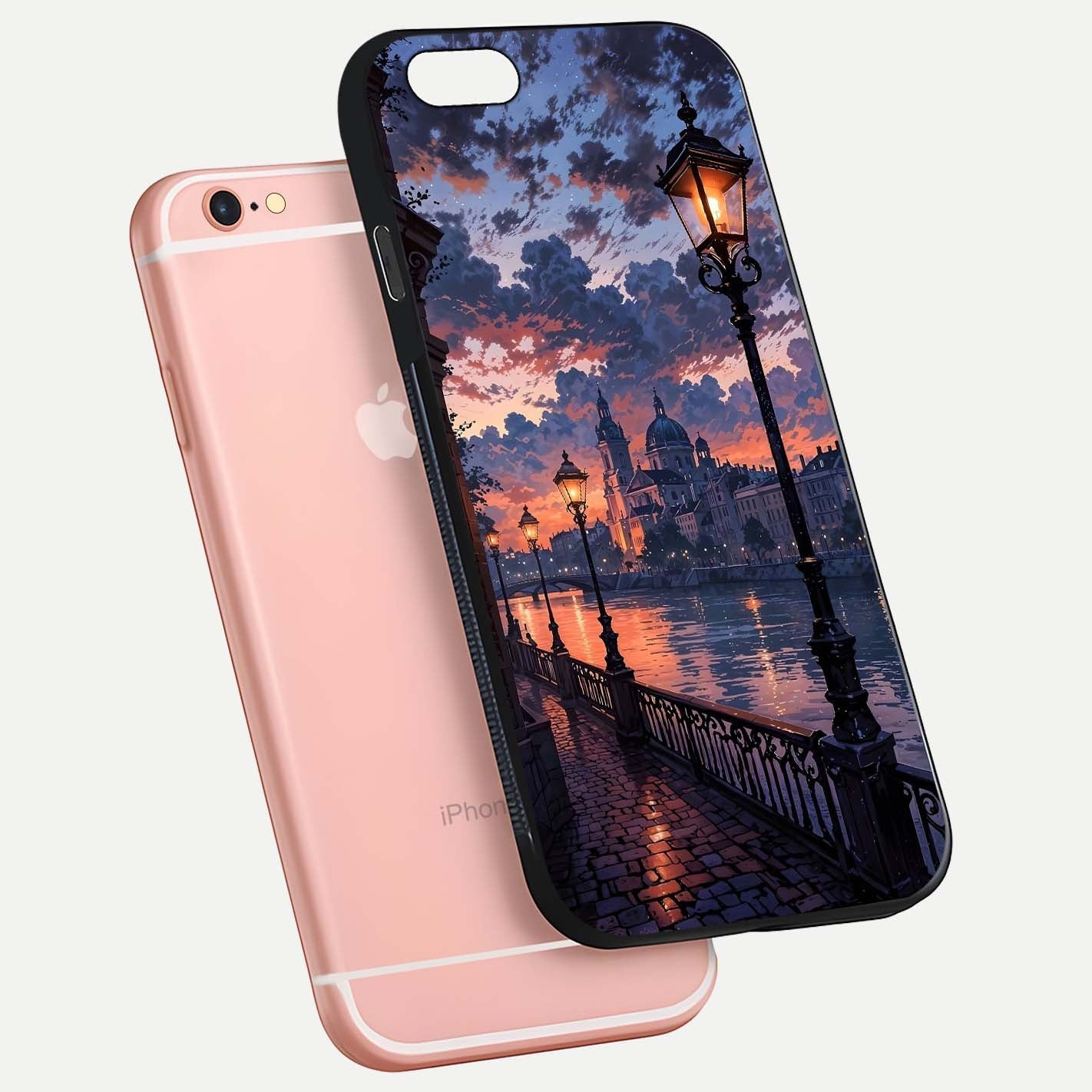 Twilight River Lights Glass Case for iPhone 6 Plus floating dual-view mockup displaying gloss shine and vivid details
