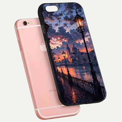 Twilight River Lights Glass Case for iPhone 6 Plus floating dual-view mockup displaying gloss shine and vivid details
