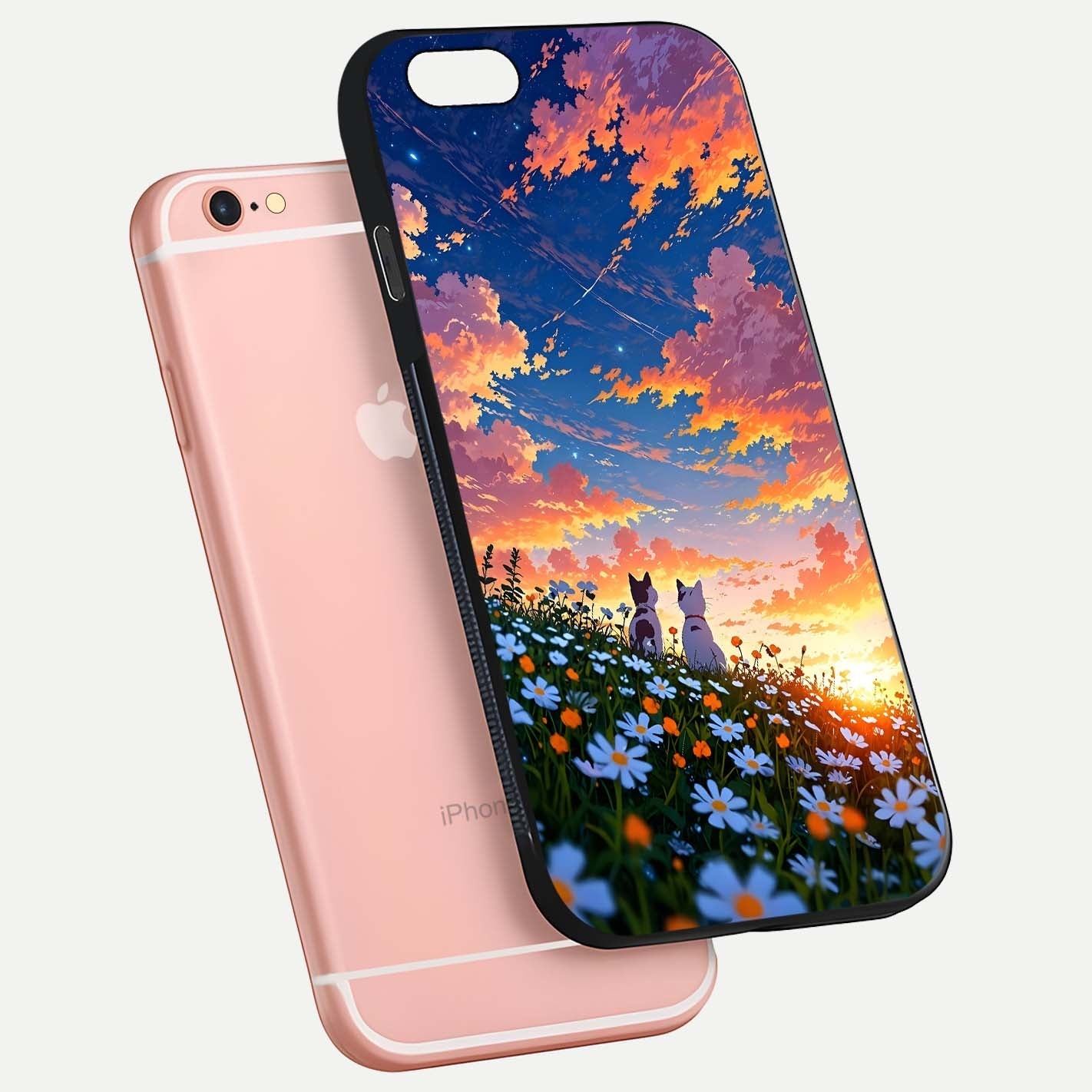 Two Cats Friends Glass Case for iPhone 6 Plus floating dual-view mockup displaying gloss surface and HD print