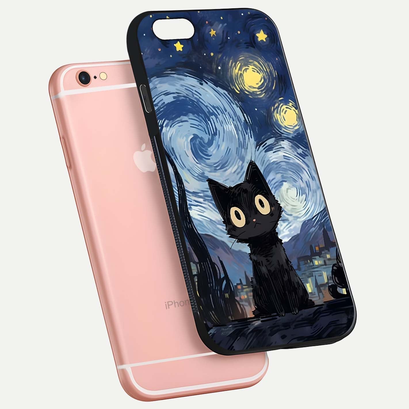 Van Gogh Cat Glass Case for iPhone 6 Plus floating dual-view mockup displaying gloss shine and artistic texture