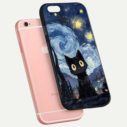 Van Gogh Cat Glass Case for iPhone 6 Plus floating dual-view mockup displaying gloss shine and artistic texture