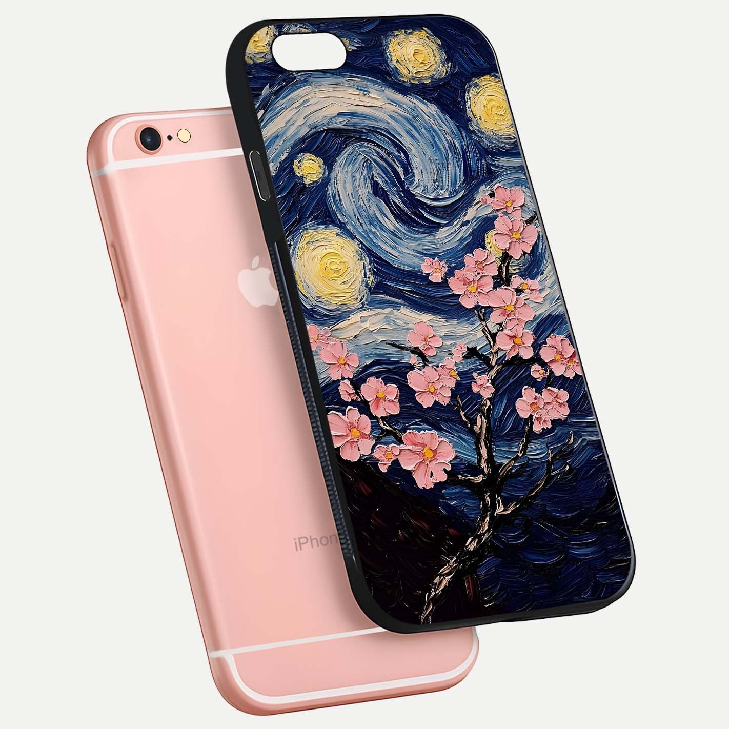 Van Gogh Scenery Glass Case for iPhone 6 Plus floating dual-view mockup displaying gloss reflection and HD quality