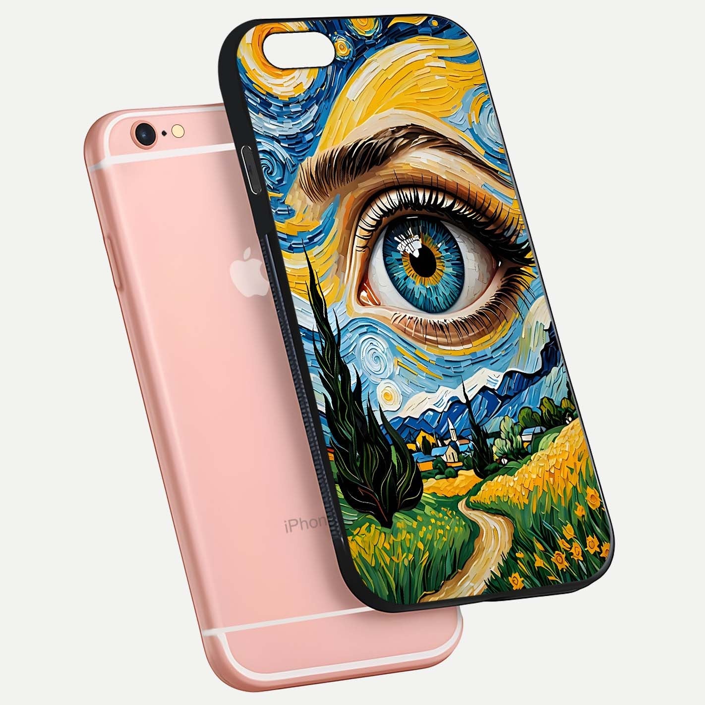 Van Gogh Eye Glass Case for iPhone 6 Plus floating dual-view mockup displaying gloss texture and depth