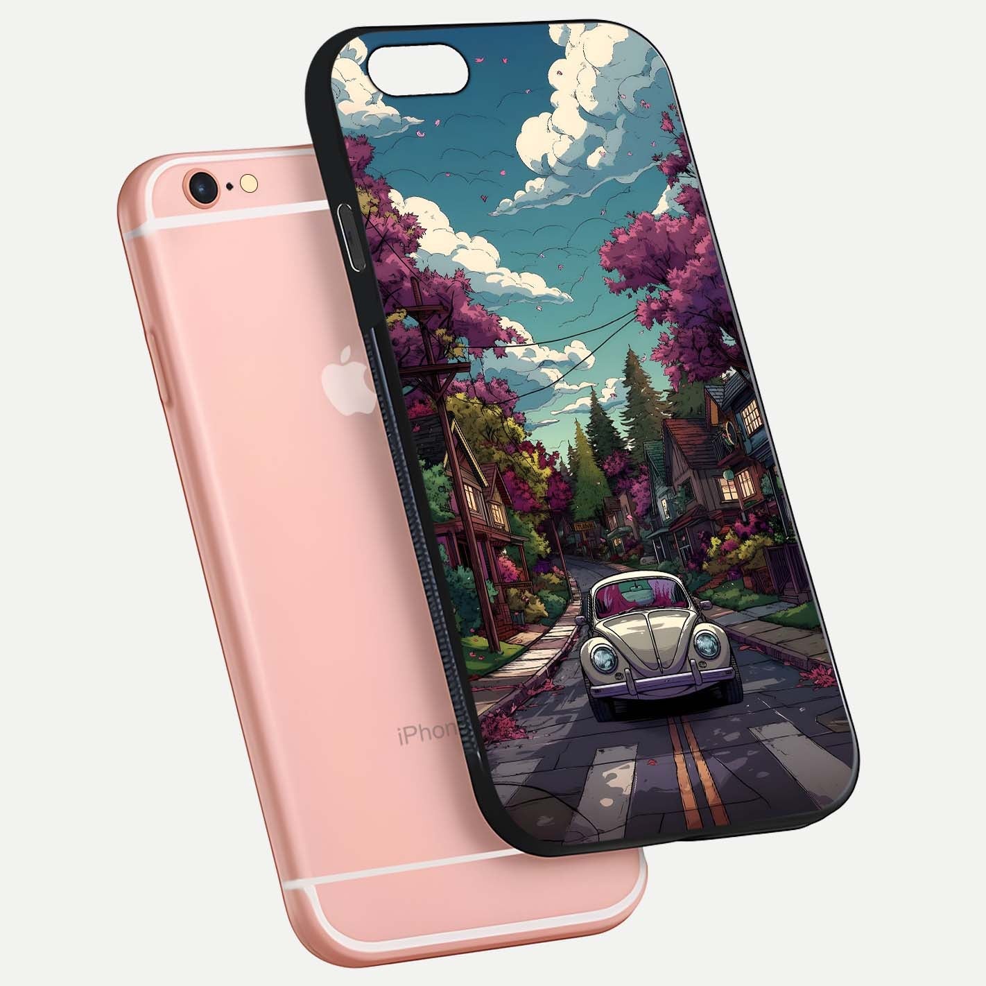 Vintage Street Drive Glass Case for iPhone 6 Plus floating dual-view mockup displaying gloss shine and texture