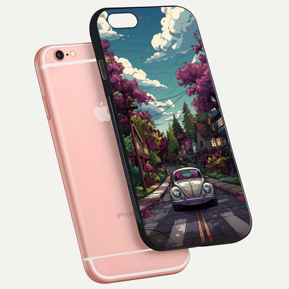 Vintage Street Drive Glass Case for iPhone 6 Plus floating dual-view mockup displaying gloss shine and texture