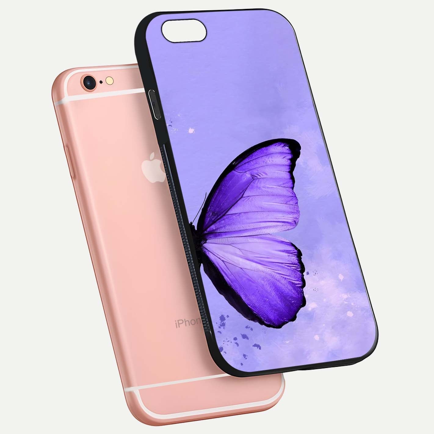 Violet Dream Wing Glass Case for iPhone 6 Plus floating dual-view mockup displaying gloss depth and clarity