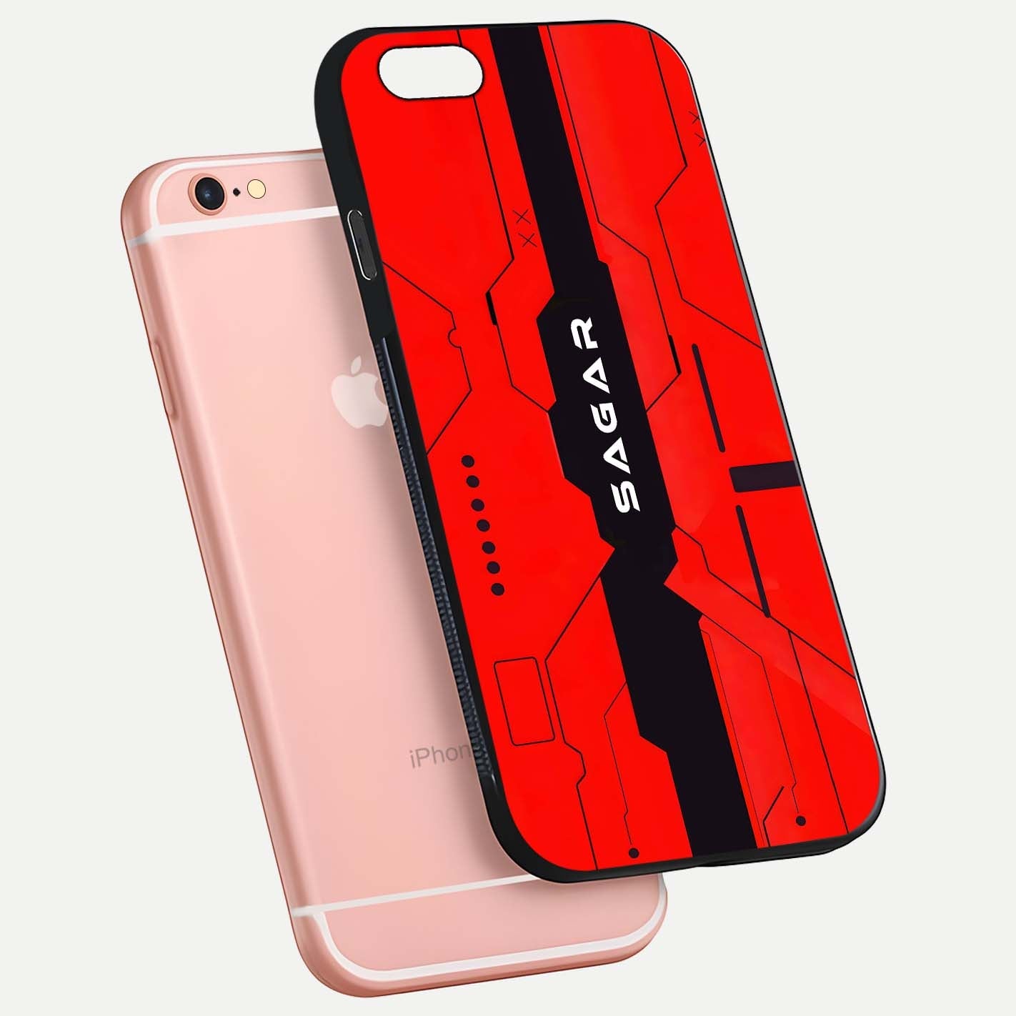 Voltage Rise CYBERPUNK Custom Name Glass Case for iPhone 6 Plus floating dual-view mockup displaying gloss shine and lighting