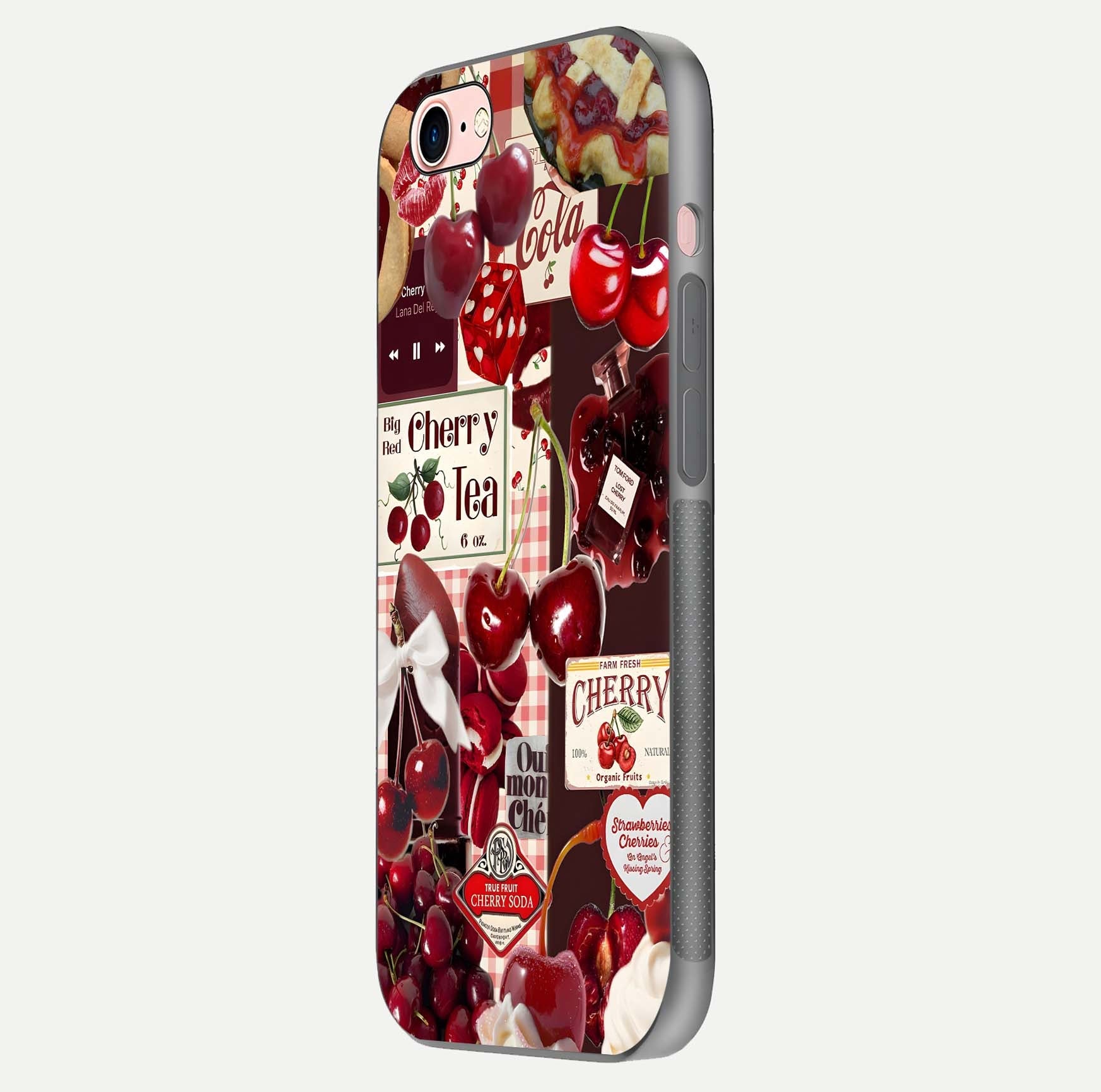 Aesthetic Cherry Tea Glass Case for iPhone 6 Plus side-angle image showing cherry collage print, camera module, and glossy finish reflection