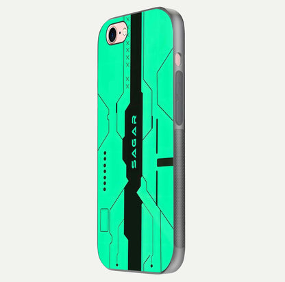Aqua Tech CYBERPUNK Custom Name Glass Case for iPhone 6 Plus side-angle image with glowing edges and glossy surface