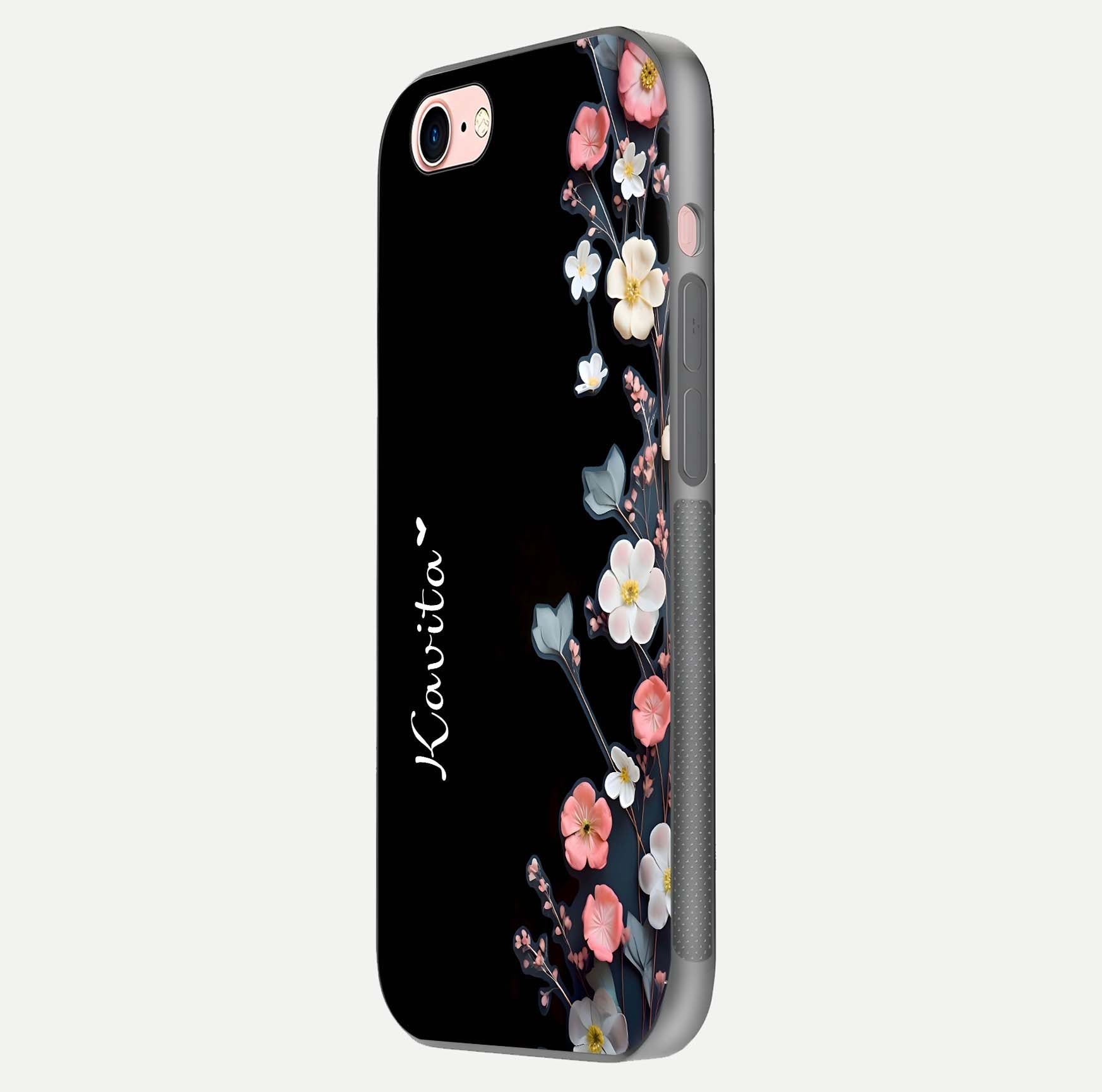 Black Elegance Floral Custom Name Glass Case for iPhone 6 Plus side-angle showing black gloss depth and delicate print texture
