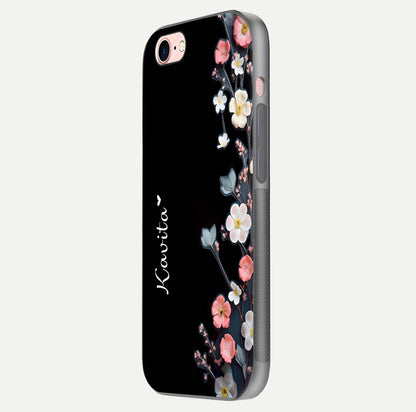 Black Elegance Floral Custom Name Glass Case for iPhone 6 Plus side-angle showing black gloss depth and delicate print texture