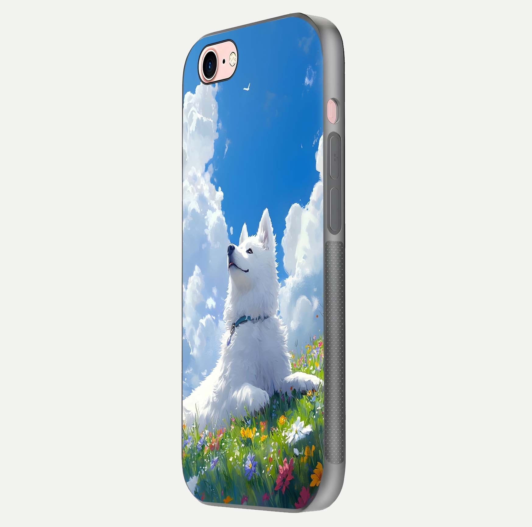 Blissful Cloud Pup Glass Case for iPhone 6 Plus side-angle shot displaying puppy print and glossy texture