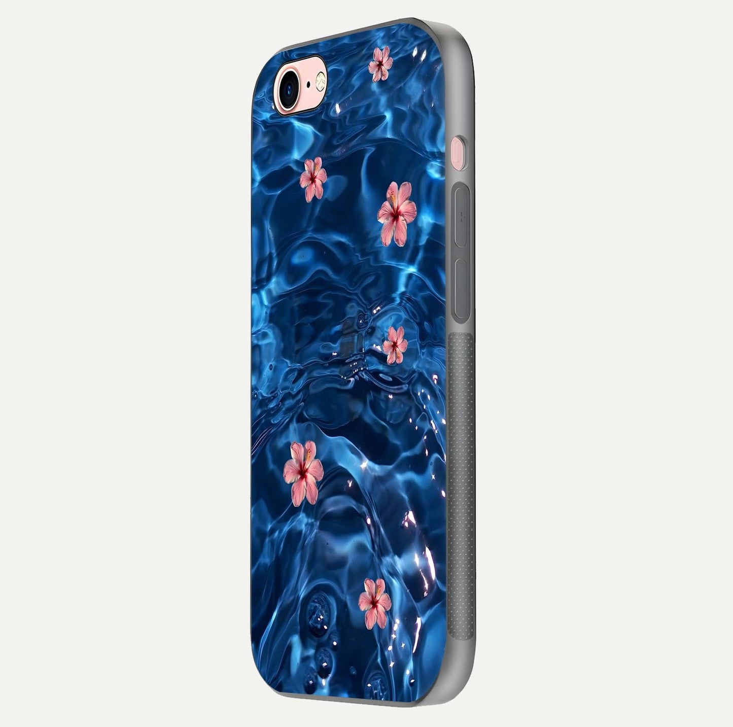 Blooming Water Drift Glass Case for iPhone 6 Plus side-angle image showcasing blossom flow, curved corners, and HD glass gloss