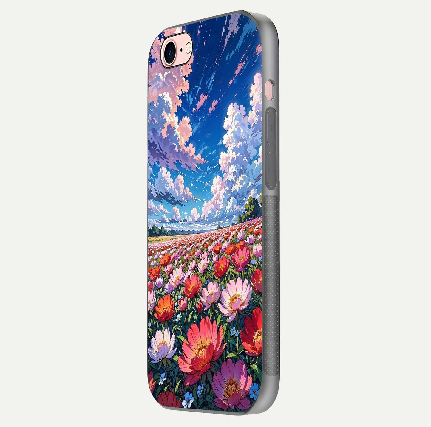 Blossom Sky Field Glass Case for iPhone 6 Plus side-angle showing sky hues, blossom texture, and reflective shine
