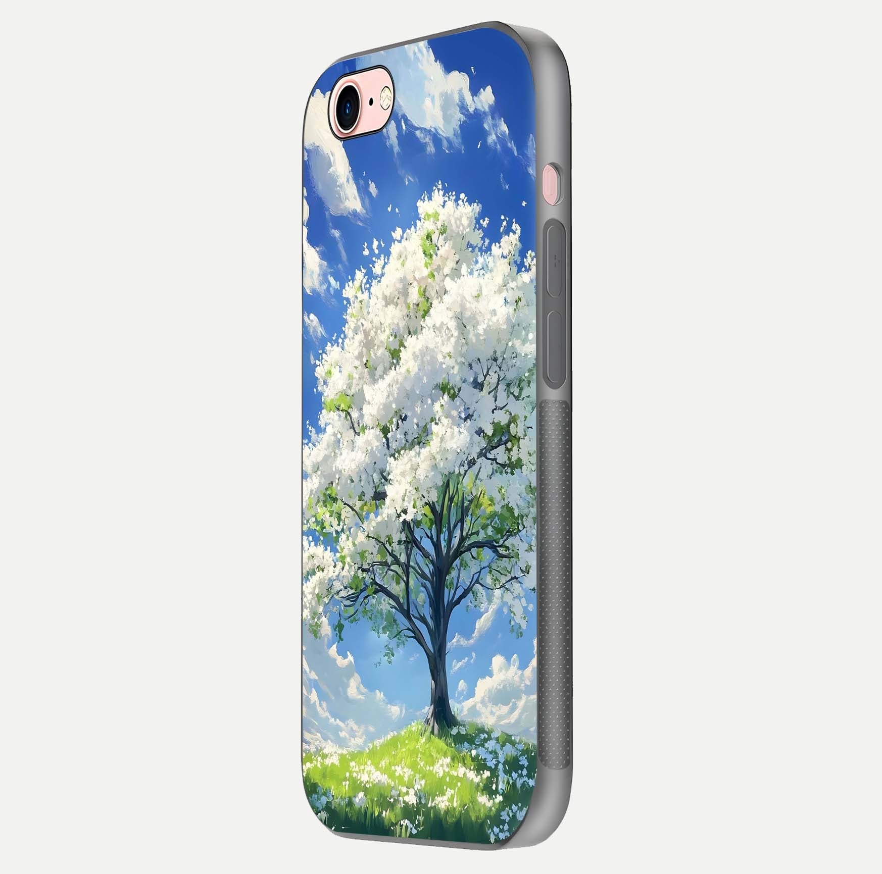Blossom Sky Serenity Glass Case for iPhone 6 Plus side-angle image showing elegant edge flow and light reflection