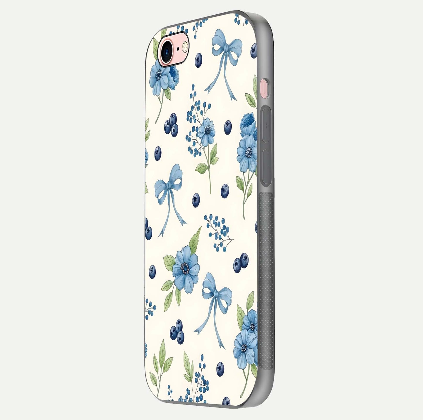 Blue Flower & Bow Glass Case for iPhone 6 Plus side-angle image showing bow-floral mix and HD finish shine