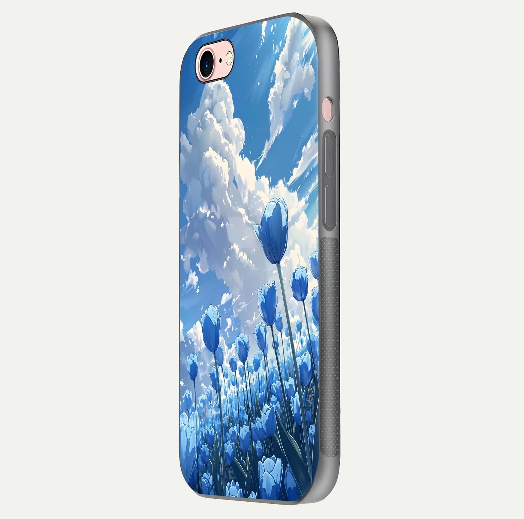 Blue Tulip Clouds Glass Case for iPhone 6 Plus side-angle image showing edge curve and flower reflection glow