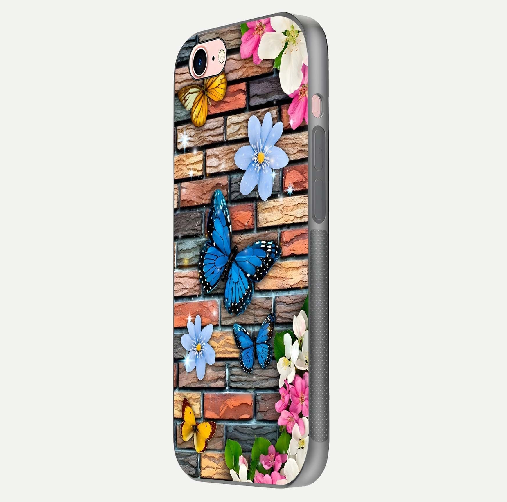 Brick Bloom Flight Glass Case for iPhone 6 Plus side-angle photo showing curve shine and detailed petal contrast