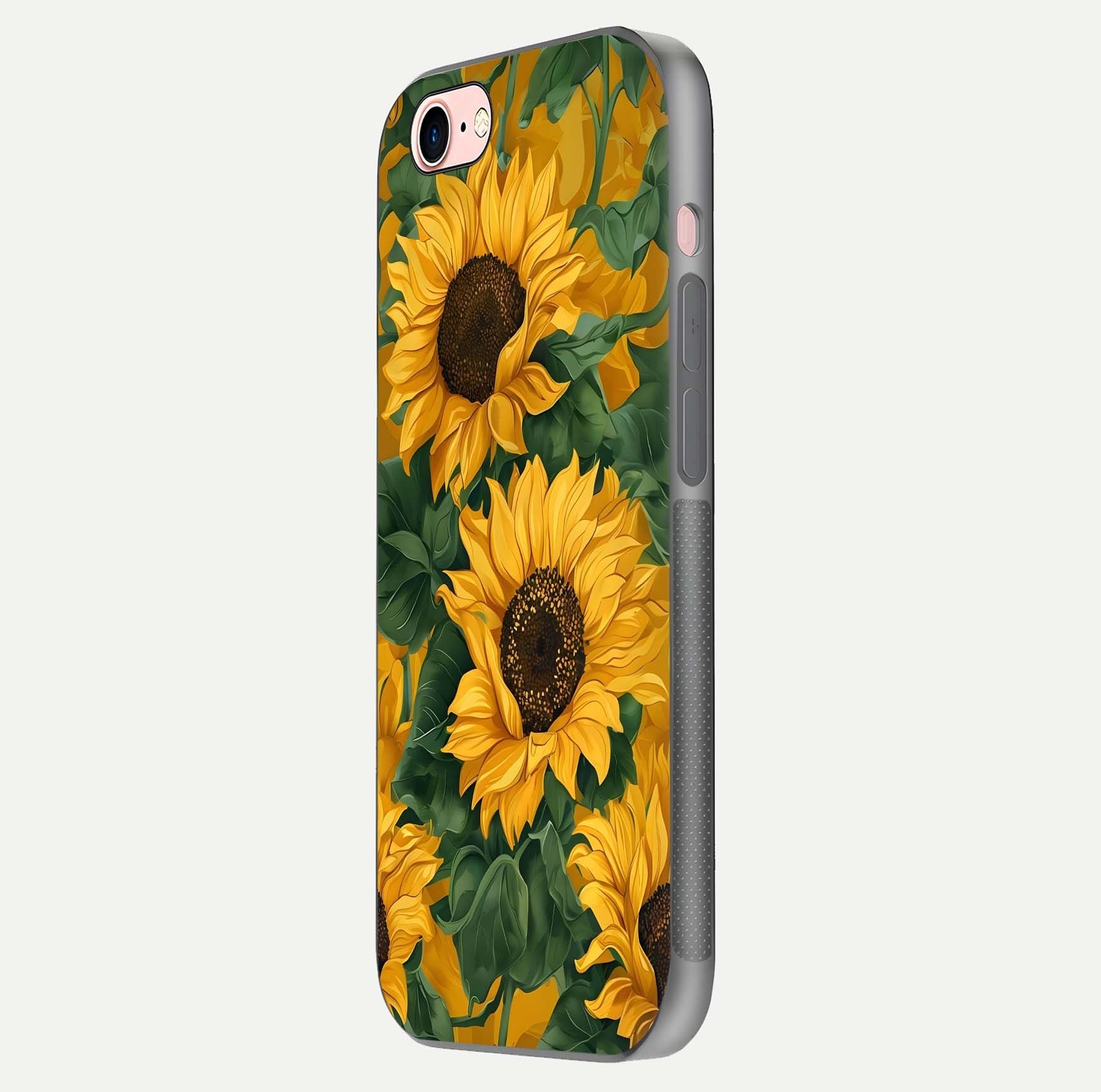 Bright Sunflower Bloom Glass Case for iPhone 6 Plus side-angle image showing shine texture and detailed bloom