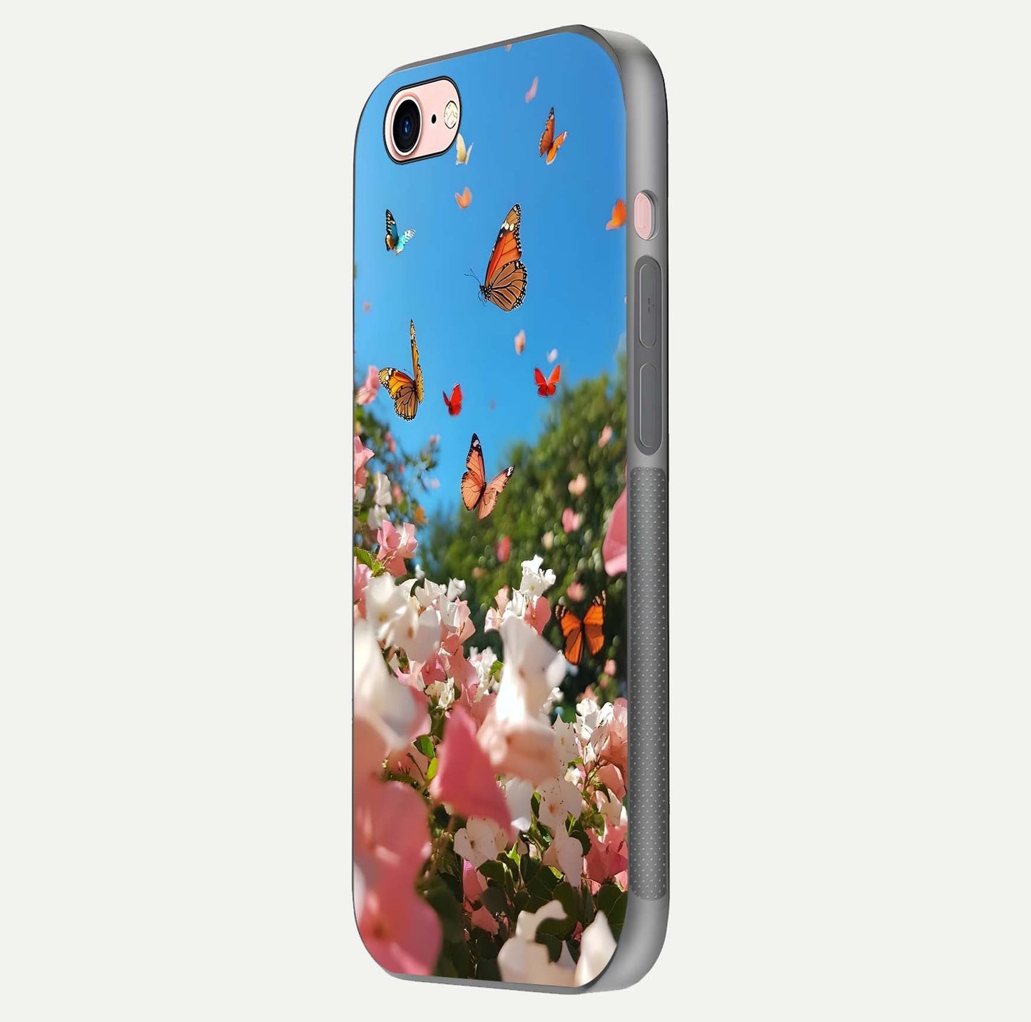 Butterflies in Bloom Sky Glass Case for iPhone 6 Plus side-angle image showing delicate details and gloss polish