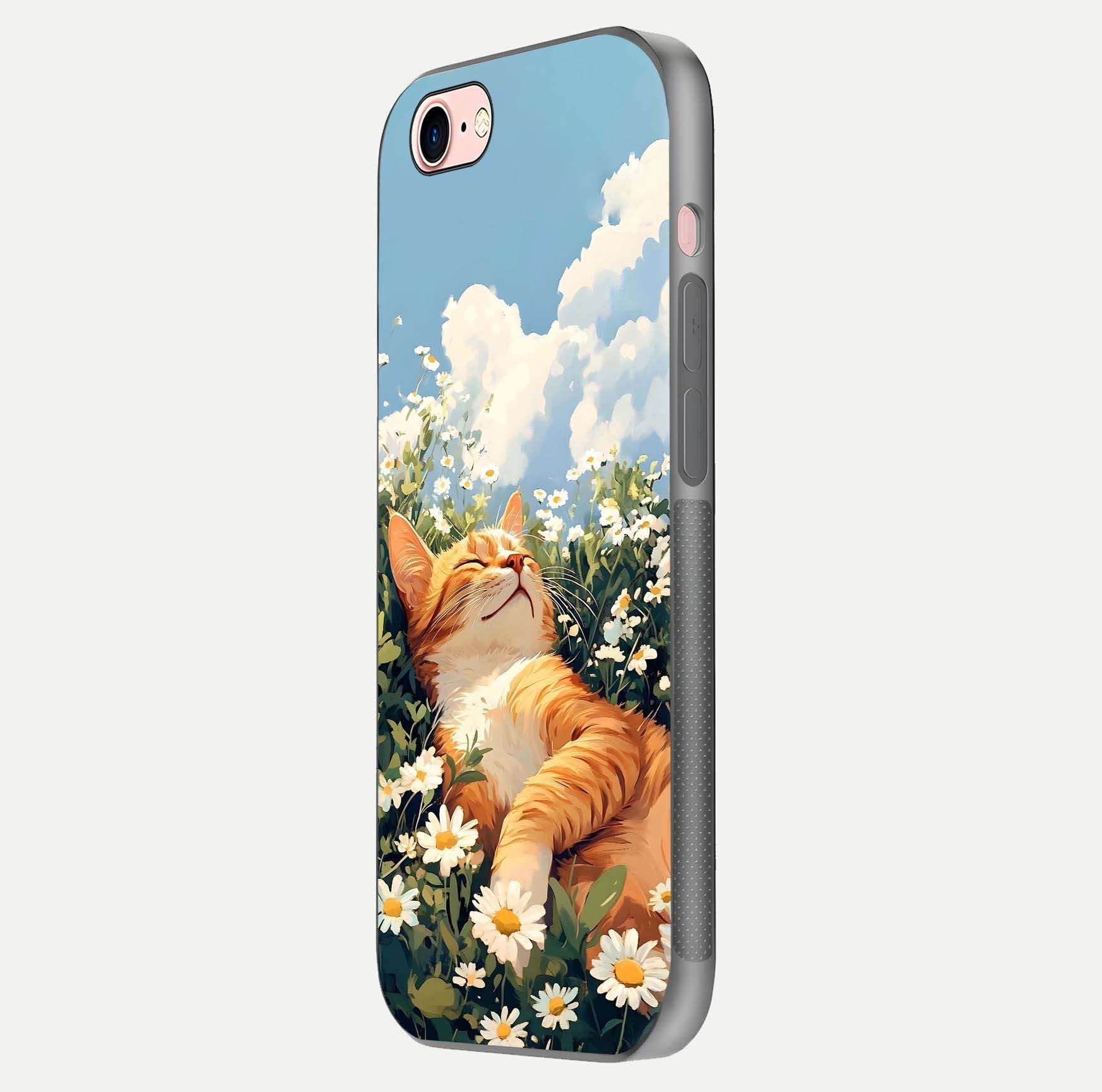 Cat & Flowers View Glass Case for iPhone 6 Plus side-angle image capturing cat print clarity and gloss tone
