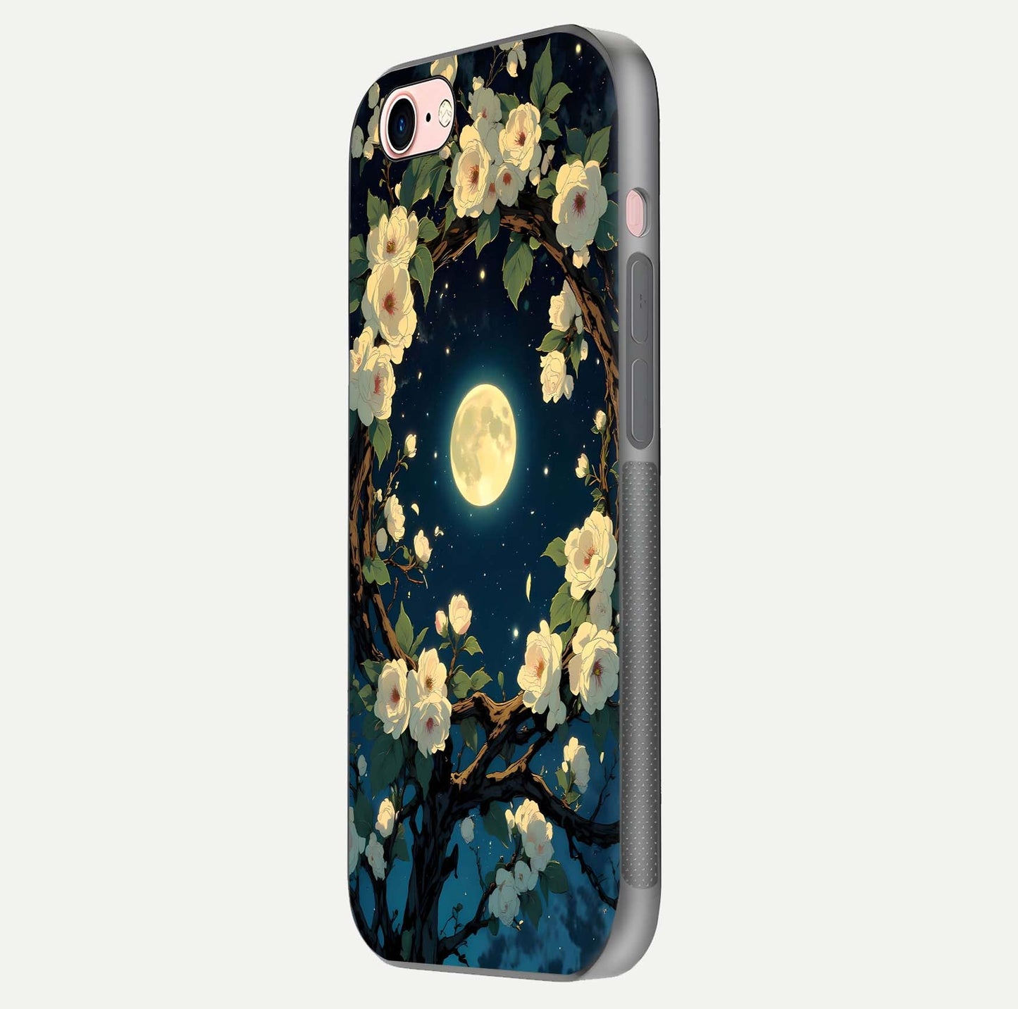 Celestial Moon & Flower Glass Case for iPhone 6 Plus side-angle image showing edge smoothness and glow reflection