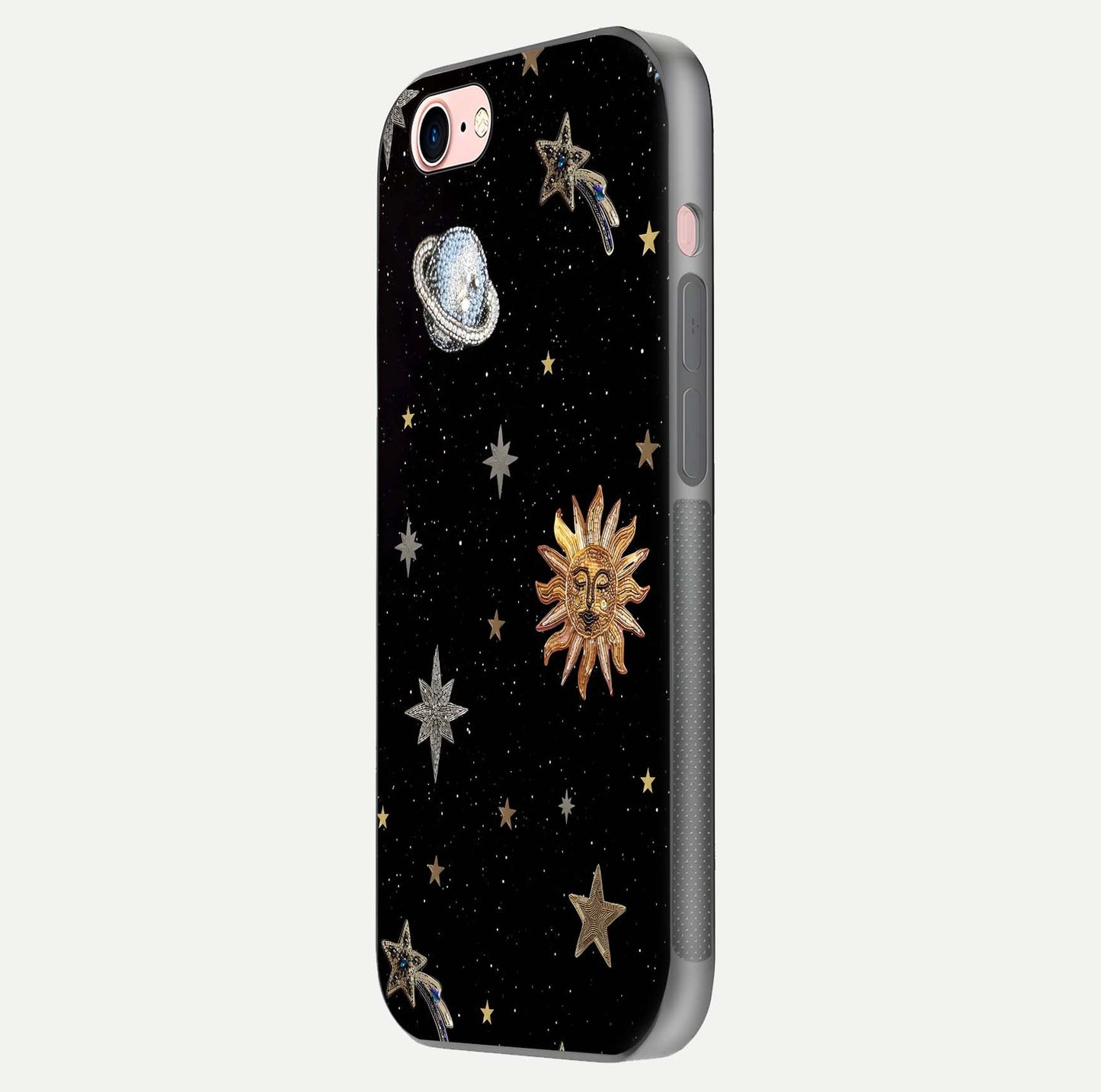 Celestial Moon With Stars Glass Case for iPhone 6 Plus side-angle view showing curved edges and shimmer glow