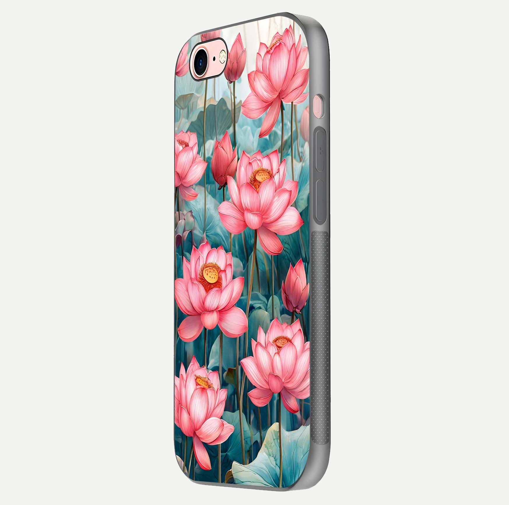 Celestial Pink Lotus Glass Case for iPhone 6 Plus side-angle image showing reflective shine and petal curve