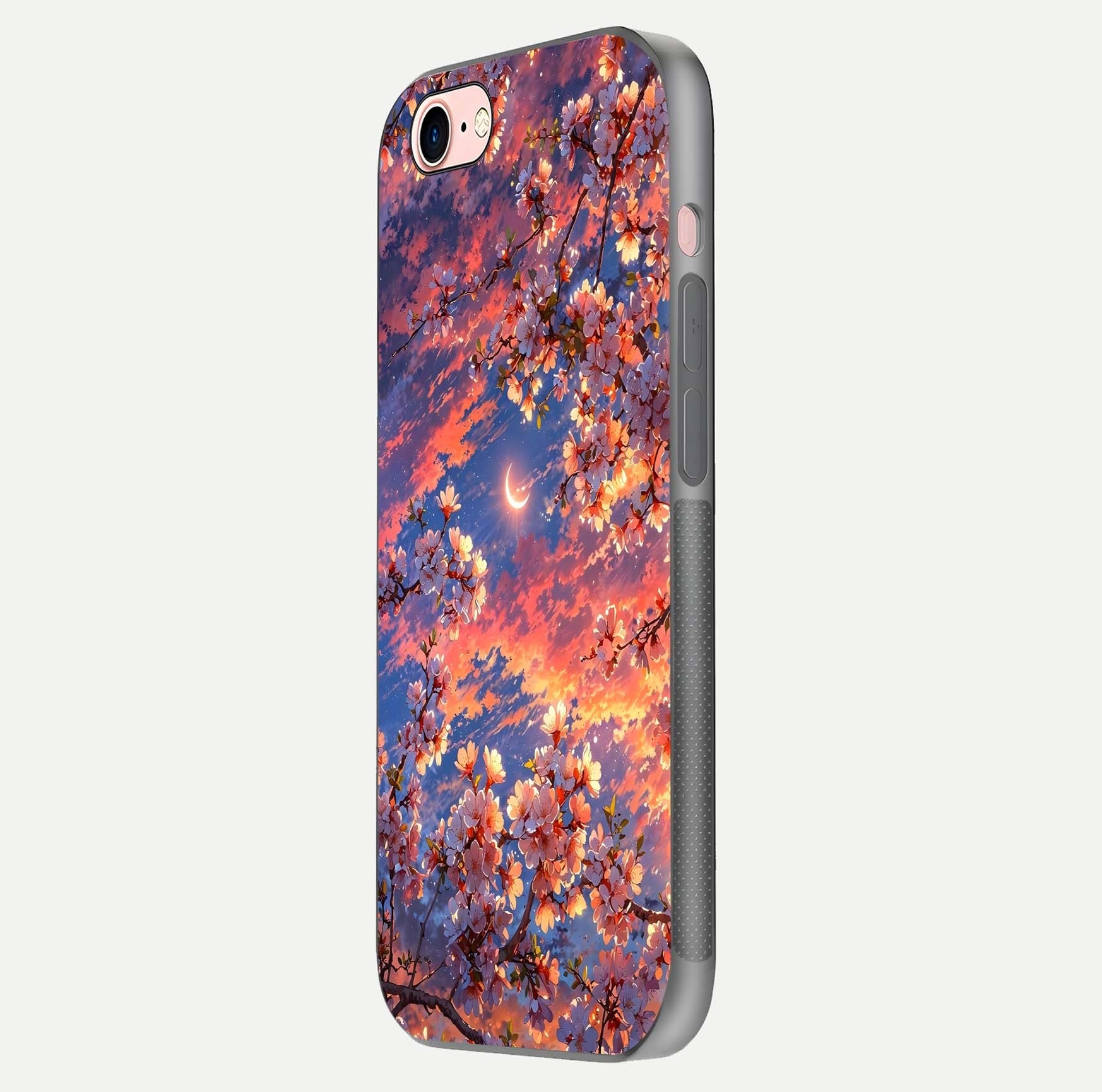 Celestial Sakura Sunset Glass Case for iPhone 6 Plus side-angle image showing edge glow and petal texture