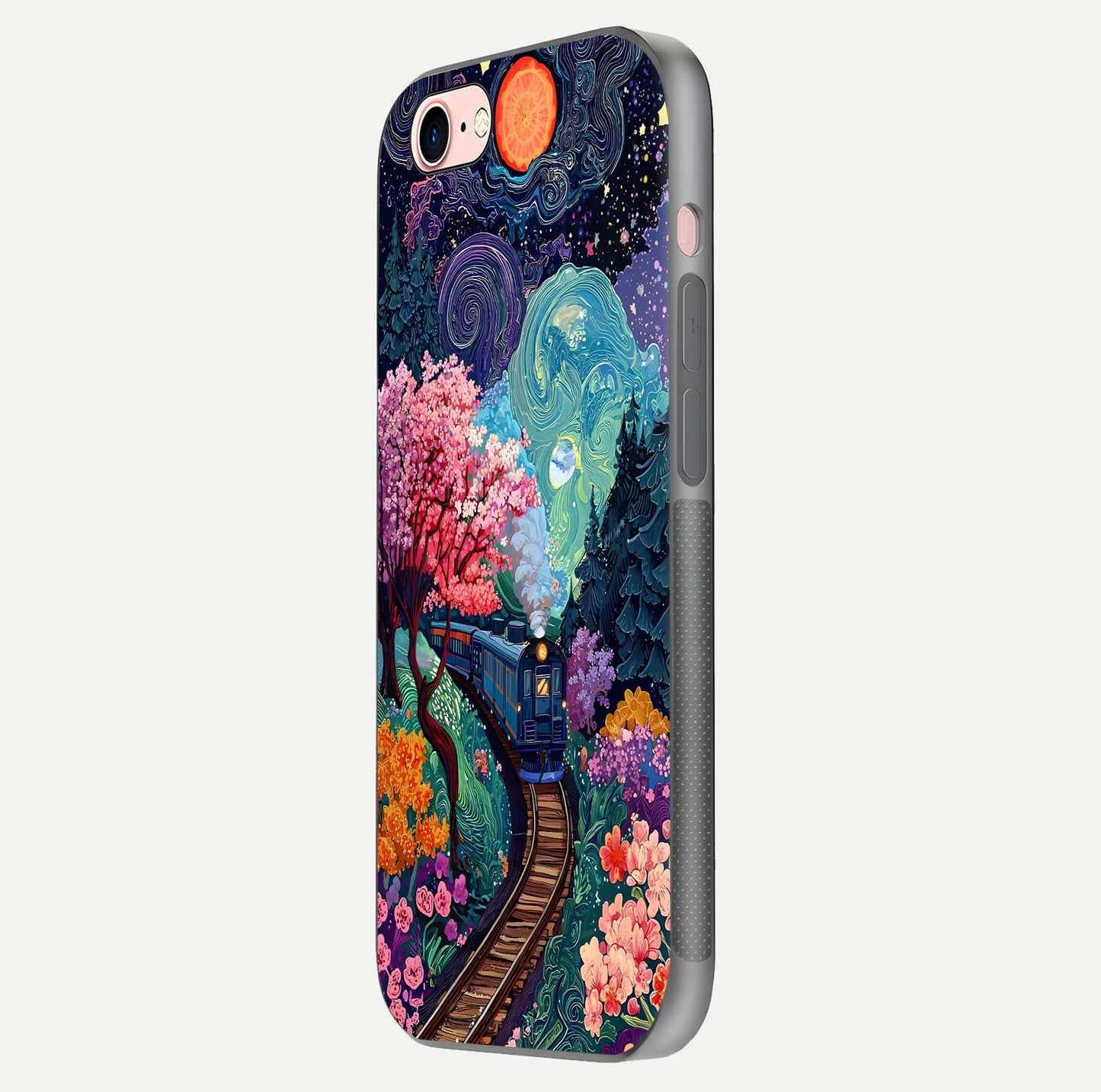 Celestial Train Journey Glass Case for iPhone 6 Plus side-angle image showing polished curve and HD print detail