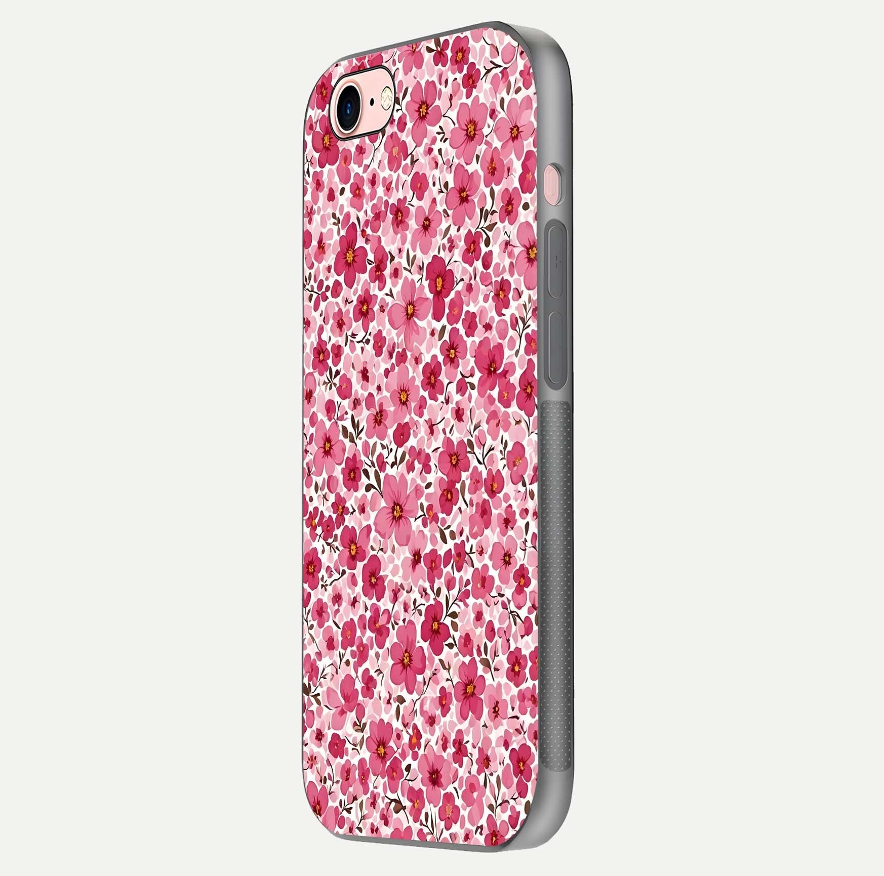 Cherry Blossom Charm Glass Case for iPhone 6 Plus side-angle image showing reflection gloss and soft texture