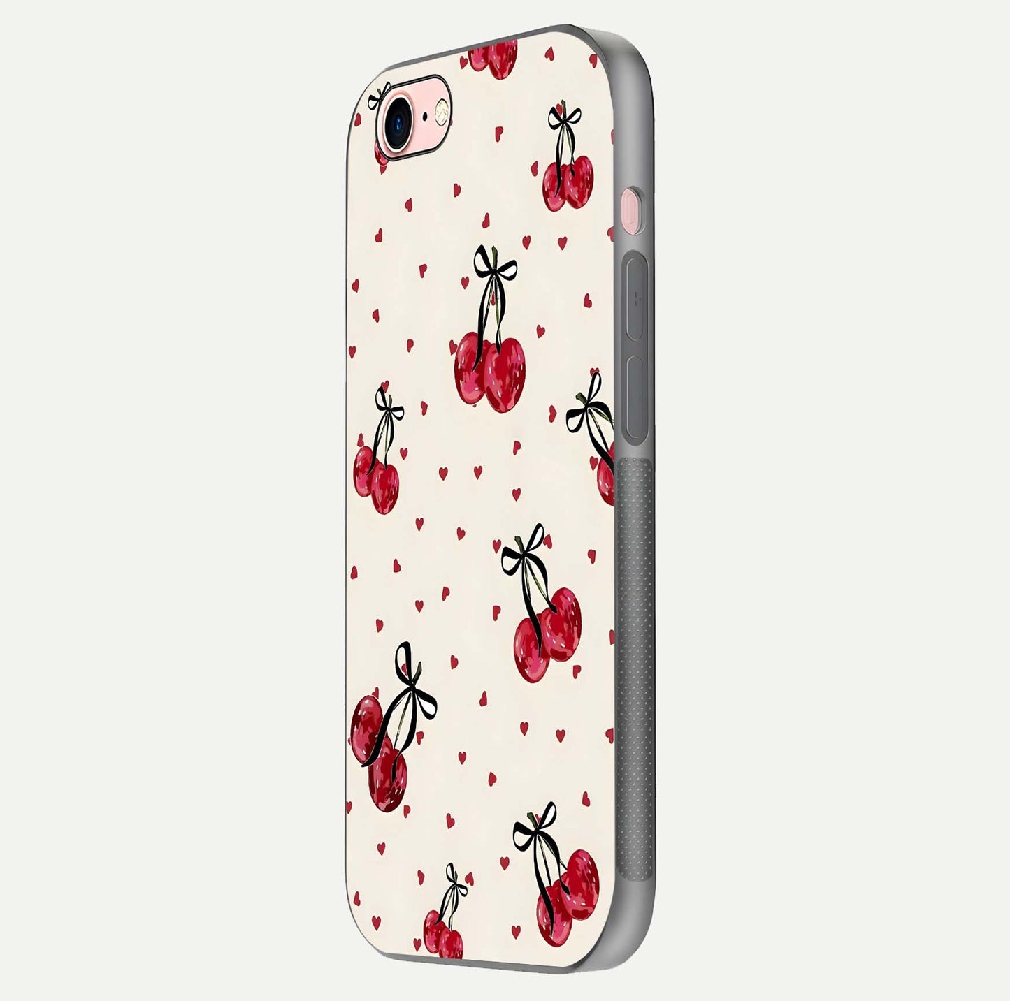 Cherry Heart Bow Glass Case for iPhone 6 Plus side-angle image capturing gloss texture and charm bow art
