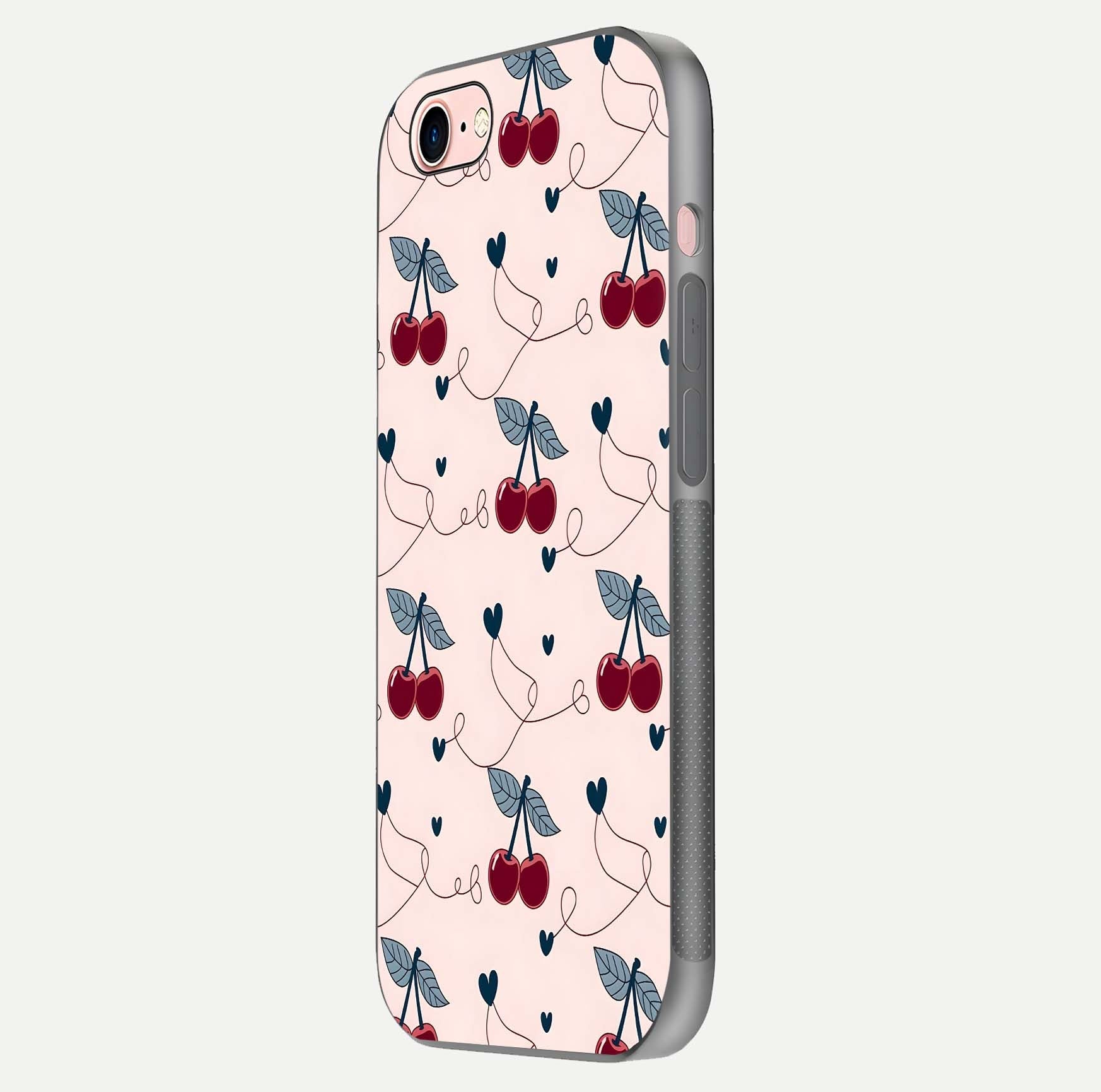 Cherry Heart Line Glass Case for iPhone 6 Plus side-angle view capturing smooth curves and shine effect