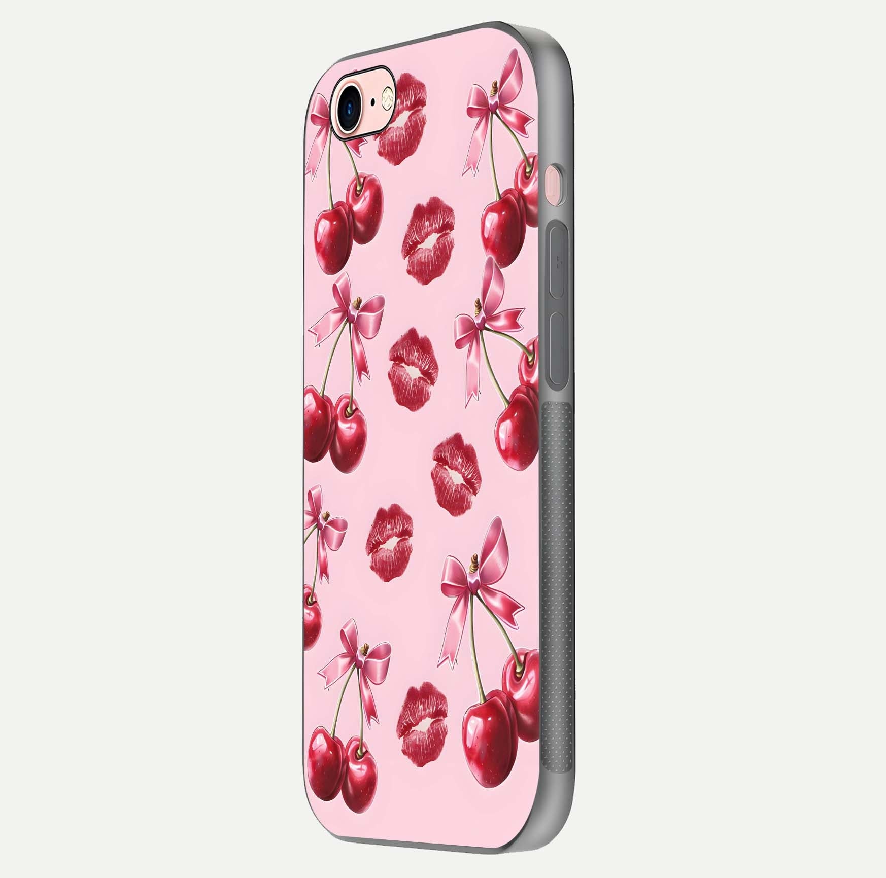 Cherry With Lips Glass Case for iPhone 6 Plus side-angle image showing gloss reflection and fine details