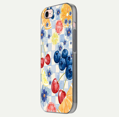 Citrus Bloom Joy Glass Case for iPhone 6 Plus side-angle photo capturing bright color and glass reflection